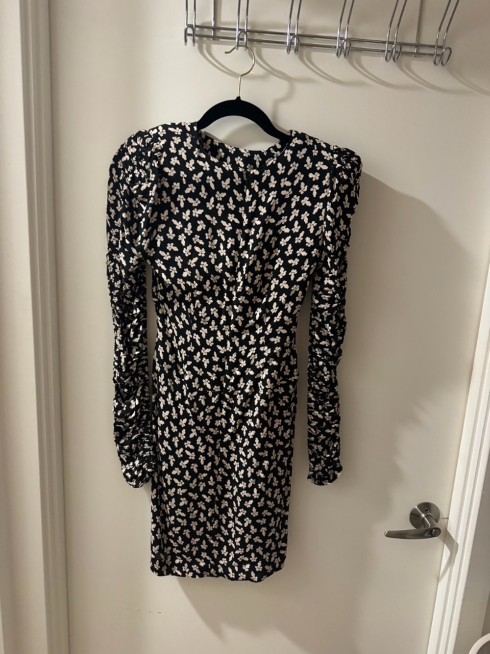 Black Mini Dress with White Floral Print and Long Ruched Sleeves